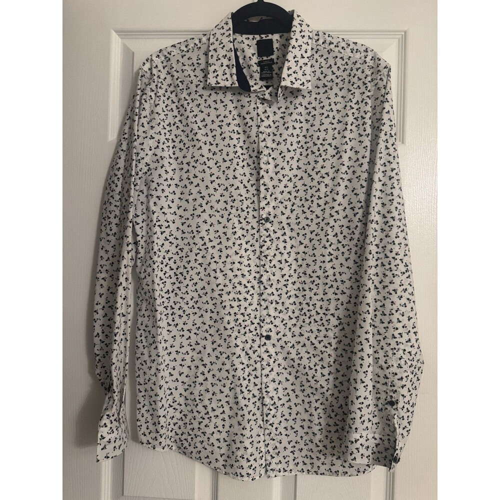 H&M Men's Slim Fit Floral Button-Up Shirt L White Blue Red Long Sleeve